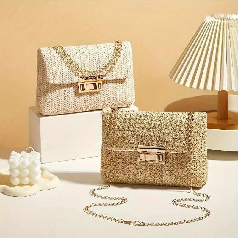 Elegant Beige Woven Shoulder Bag with Chain Strap and Turn-lock Closure
