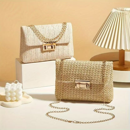 Elegant Beige Woven Shoulder Bag with Chain Strap and Turn-lock Closure