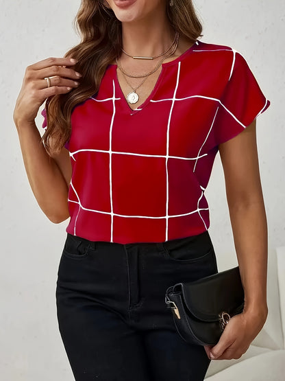 Women's Casual Plaid Print Shirt, V-Neck Short Sleeve Buttonless Blouse, Perfect for Spring and Summer Daily Outings, Vacation, Commuting, Stylish Women's Top, Cute T-Shirt, V-Neck, Summer Wear, Elegant Top, Casual Shirt, Ret