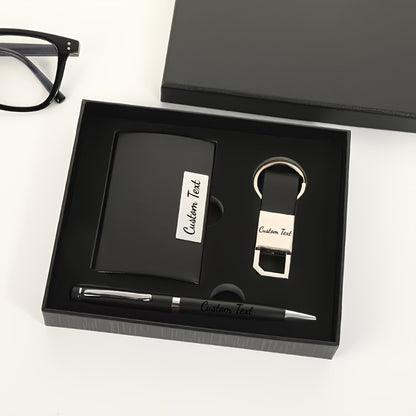 Custom Engraved Logo Ballpoint Pen Set with Keychain & Business Card Holder - Perfect Gift for Colleagues, Friends, and Family Birthdays or Holidays
