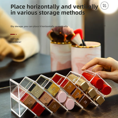 16-Compartment Transparent Lipstick Organizer - Durable Plastic Makeup Storage Box for Vanity or Bathroom Counter, Lightweight & Portable, No Power Needed, Vanity Accessories