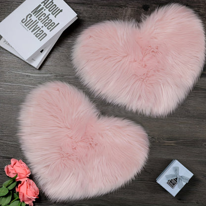 2pcs Black Plush Heart-Shaped Mat Ornaments - Soft Faux Artificial Wool, Machine Washable, Decorative Floor Mats for Bedroom, Living Room & Dressing Table, Perfect Christmas Gift with Elegant Floral Accents, Bedroom Decor | P