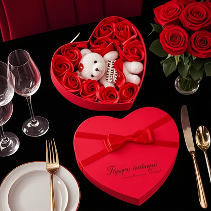 10pcs Romantic Rose Soap Gift Set with Teddy Bear - Heart-Shaped Plastic Box for Wedding, Bridal Shower, Birthday, Anniversary, Christmas, Thanksgiving, Valentine's Day, Mother's Day, Graduation - No Electricity Needed, Feath