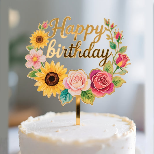 1pc Floral Letter Cake Topper, Colorful Acrylic Happy Birthday Cake Decoration with Sunflowers, Tulips, and Roses, Ideal for Holiday Parties, Anniversaries, Family Gatherings, Birthdays, Christmas, Thanksgiving, Wedding Cakes