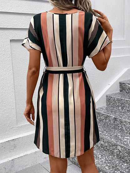 Women's Elegant A-Line dress - Non-See-Through fabric, Beige/Black/ Brown/Stripes, Office Party Everyday Outfit - Machine Washable Women's Formal & Casual Attire, Chic Dress, Summer Wardrobe Essential, Vneck Design, Durable M
