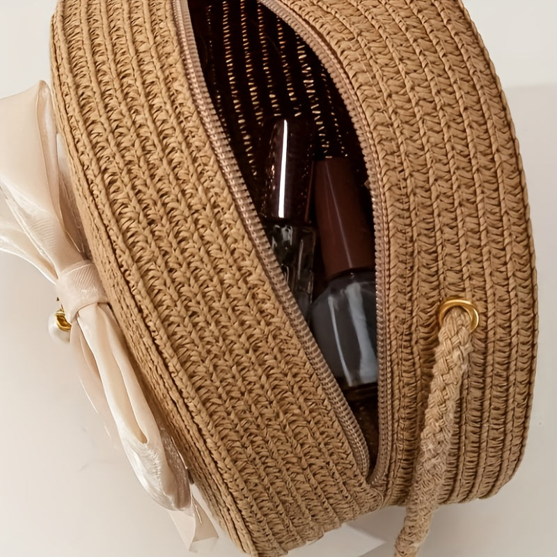 Elegant Coffee-Colored Round Woven Crossbody Bag with Pearl Bow Detail