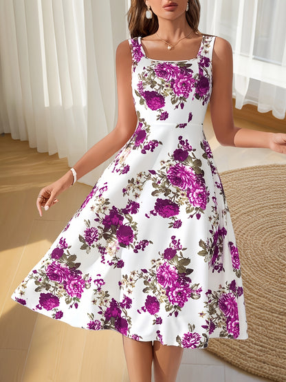 Elegant Women'S Sleeveless Floral Print Midi Dress in Lavender with Square Neckline and A-Line Silhouette - Perfect for Spring/Summer, Floral Print Dress