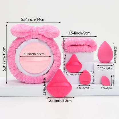 A Set of 21 Hair Accessories, Including 1 Butterfly Headband, 2 Wristbands, 6 Powder Puffs, 3 Makeup Sponges, 3 Finger Cushions, 3 Makeup Remover Pads, And 3 Mini Beauty Sponges.
