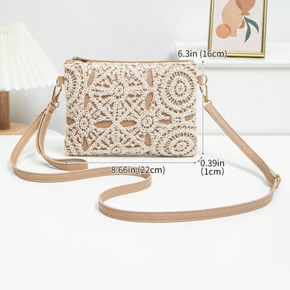 Elegant White Lace Crossbody Bag with Removable Beige Strap - Floral Pattern, Zipper Closure, Polyester Lining, Perfect for Spring & Summer Outfits, Casual or Formal Wear, Ladies Purse