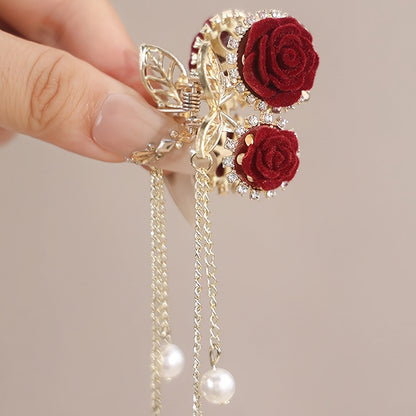 1pc Elegant Red Rose Tassel Claw Clip for Women - Sparkling Rhinestone Hair Accessory with Golden Accents, Perfect Gift for Special Occasions, Hair Accessories for