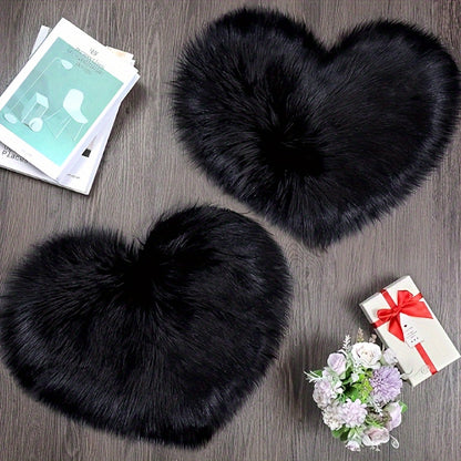 2pcs Black Plush Heart-Shaped Mat Ornaments - Soft Faux Artificial Wool, Machine Washable, Decorative Floor Mats for Bedroom, Living Room & Dressing Table, Perfect Christmas Gift with Elegant Floral Accents, Bedroom Decor | P