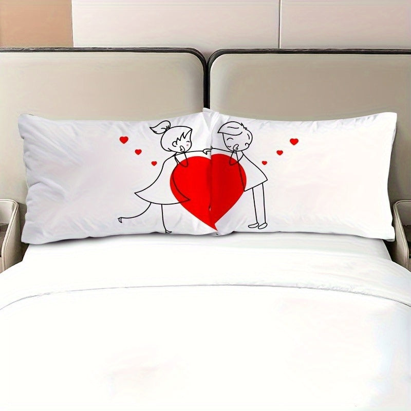 2-Pack Romantic Couple Cartoon Pillowcases - French Style Endless Love Design, Soft Polyester Single-Sided Print, Wrinkle & Fade Resistant, All-Season White Bedding with Zipper Closure (Pillow Inserts Not Included), Bed Room