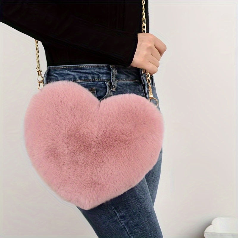 Chic Heart-Shaped Plush Crossbody Bag - Fashionable Zippered Shoulder Purse