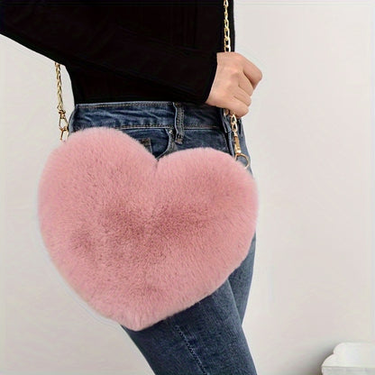Chic Heart-Shaped Plush Crossbody Bag - Fashionable Zippered Shoulder Purse