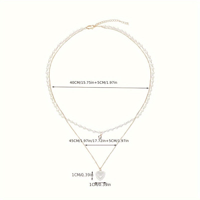 Elegant Golden-Tone Double Heart Necklace for Women – Chic Layered Design with Faux Pearl Accents, Versatile Clavicle Chain for Casual Attire or Parties, Perfect Gift Idea, Charm Necklace