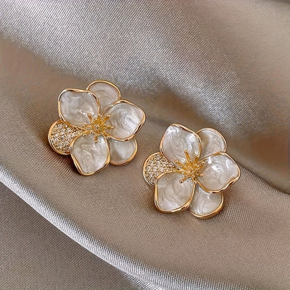 Stud Earrings Zinc Alloy with Rhinestone Accents, Versatile White Petal Design