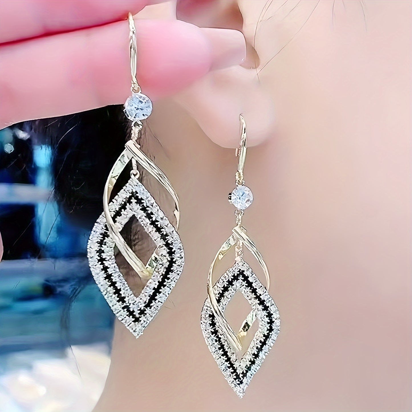 Double-Layer Hollow Diamond-Shaped Sparkling Synthetic Zirconia Drop Earrings