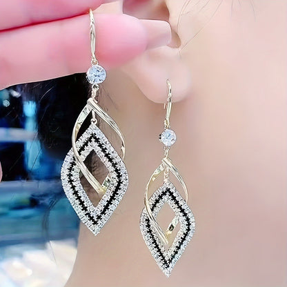 Double-Layer Hollow Diamond-Shaped Sparkling Synthetic Zirconia Drop Earrings