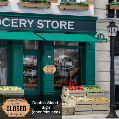 Double-Sided Open/Closed Sign - Durable PVC Business Hours Hanging Sign with Rope, Elegant Scrollwork Design for Shop, Bar, Hotel Wall or Window Display
