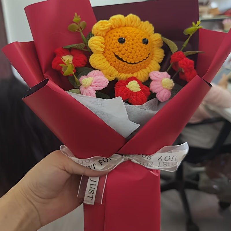 Realistic Knit Sunflower Bouquet with Smiling Face - No Electricity Needed, Durable Polyester Floral Arrangement for Home Decor, Birthday & Thanksgiving Gifts, Office & Party Centerpieces, Handmade Aesthetic Tabletop Decor, S