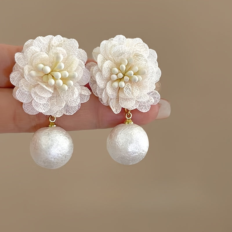 French Fabric Flower Drop Earrings with Imitation Pearl