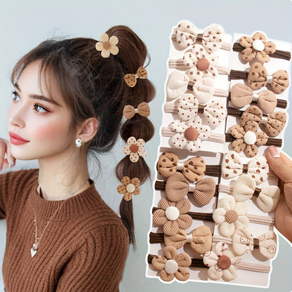 10pcs Elastic Hair Ties with Cute Floral & Bow Designs - Beige/Brown/White/, Stretchy Hold for Ponytails, Buns, Braids - No-Slip Hair Accessories for Women, Girls, Everyday & Sports - Easy to Use & Hand Washable, Small Hair C