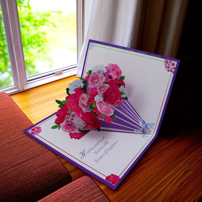 3D Pop-Up Rose Bouquet Greeting Card with Handwritten Message Area - Vibrant Pink & Red Floral Design on Premium Cardstock - Unique Birthday, Anniversary, Graduation Gift for Parents, Friends, Grandparents