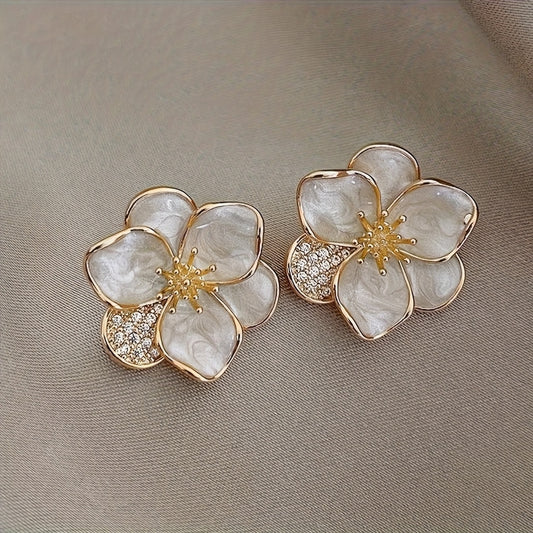 Stud Earrings Zinc Alloy with Rhinestone Accents, Versatile White Petal Design