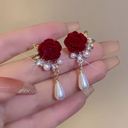 Luxury Floral Stud Earrings with Faux & Rhinestone Tassels, Copper Base & 925 Sterling Silver Posts