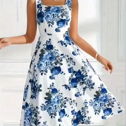 Elegant Women'S Sleeveless Floral Print Midi Dress in Lavender with Square Neckline and A-Line Silhouette - Perfect for Spring/Summer, Floral Print Dress