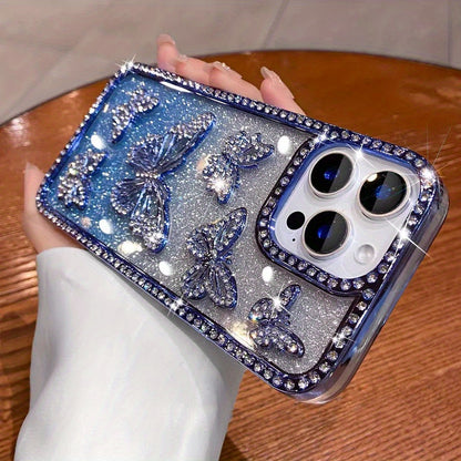 Glitter 3D Butterfly Shiny Case for iPhone 16 15 14 13 12 11 Pro Max Plus Diamond Bling Sparkly Rhinestone Girls Pink Cute Cover