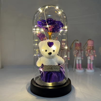 LED Lighted Golden Foil Flower with Bear, Plastic 3D Rose Gift Set, Battery Operated, Home & Kitchen Decor, Perfect for Valentine's Day & General Holidays, No Batteries Included