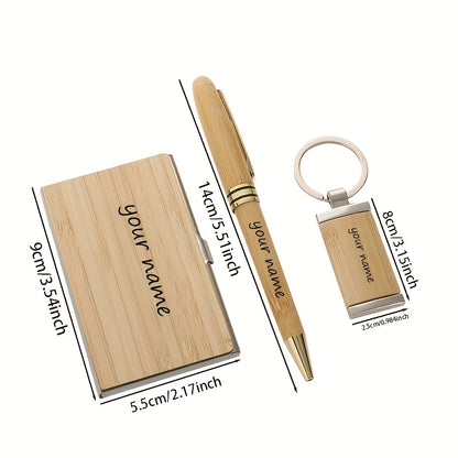 Custom Engraved Logo Ballpoint Pen Set with Keychain & Business Card Holder - Perfect Gift for Colleagues, Friends, and Family Birthdays or Holidays