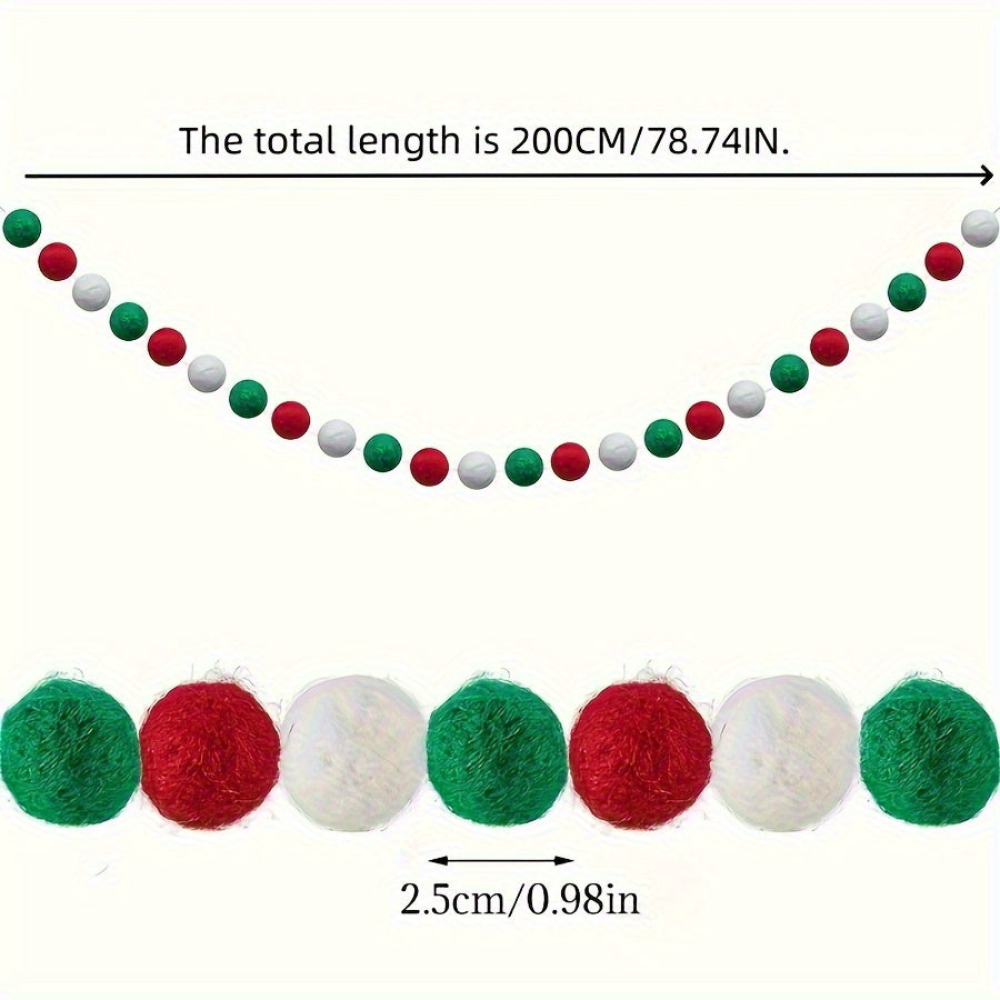 2m/6ft Christmas Garland - Red, Green, White Hanging String with Ball Ornaments - Easy Hang No Electricity Needed - Durable Polyester Chains for Xmas Tree, Mantel, Wreaths, Party Decorations - Indoor/Outdoor Holiday Decoratio