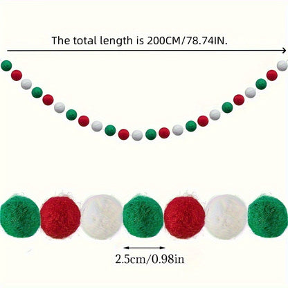 2m/6ft Christmas Garland - Red, Green, White Hanging String with Ball Ornaments - Easy Hang No Electricity Needed - Durable Polyester Chains for Xmas Tree, Mantel, Wreaths, Party Decorations - Indoor/Outdoor Holiday Decoratio