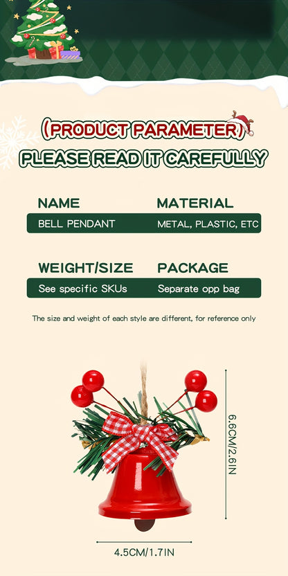 1 Set Christmas Jingle Bell Ornaments, Metal Hanging Decorations with Red Berries and Plaid Bows, Holiday Tree and Wreath Accents, No Electricity Required, Festive Wall and Door Decor