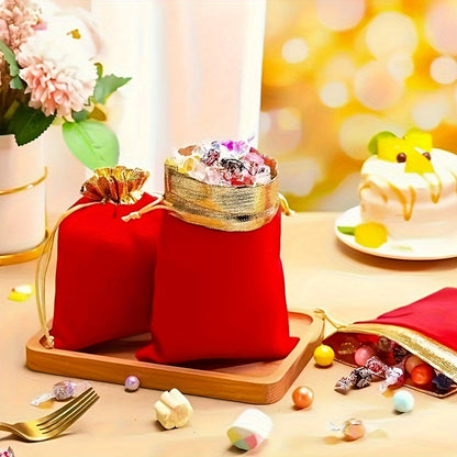 Red Velvet Drawstring Bag with Golden Accents - Elegant Wedding Party Gift, Candy Bag, Jewelry Pouch for Weddings, Birthdays and Special Occasions, Special Event Bag | Luxury Gift Bag | Fashionable Golden Details, Gift Giving