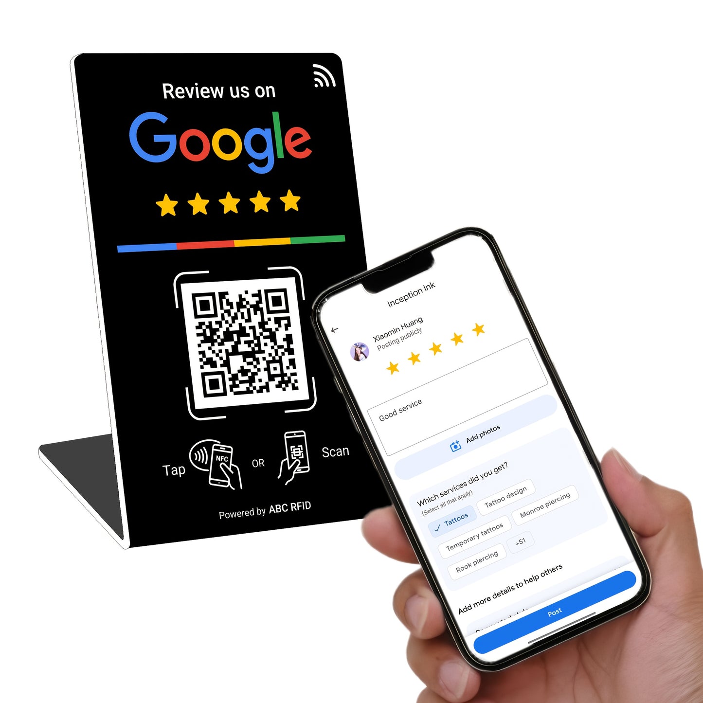 Social Media Integration Stand for Businesses - NFC Tap & QR Code, Easy Setup with Review Link ManaSynthetic Gemstoneent, Durable PVC, Perfect for Google Reviews and Social Media Integration, Social Media Stand