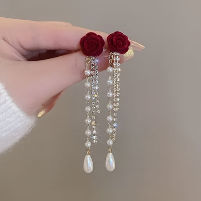 Luxury Floral Stud Earrings with Faux & Rhinestone Tassels, Copper Base & 925 Sterling Silver Posts