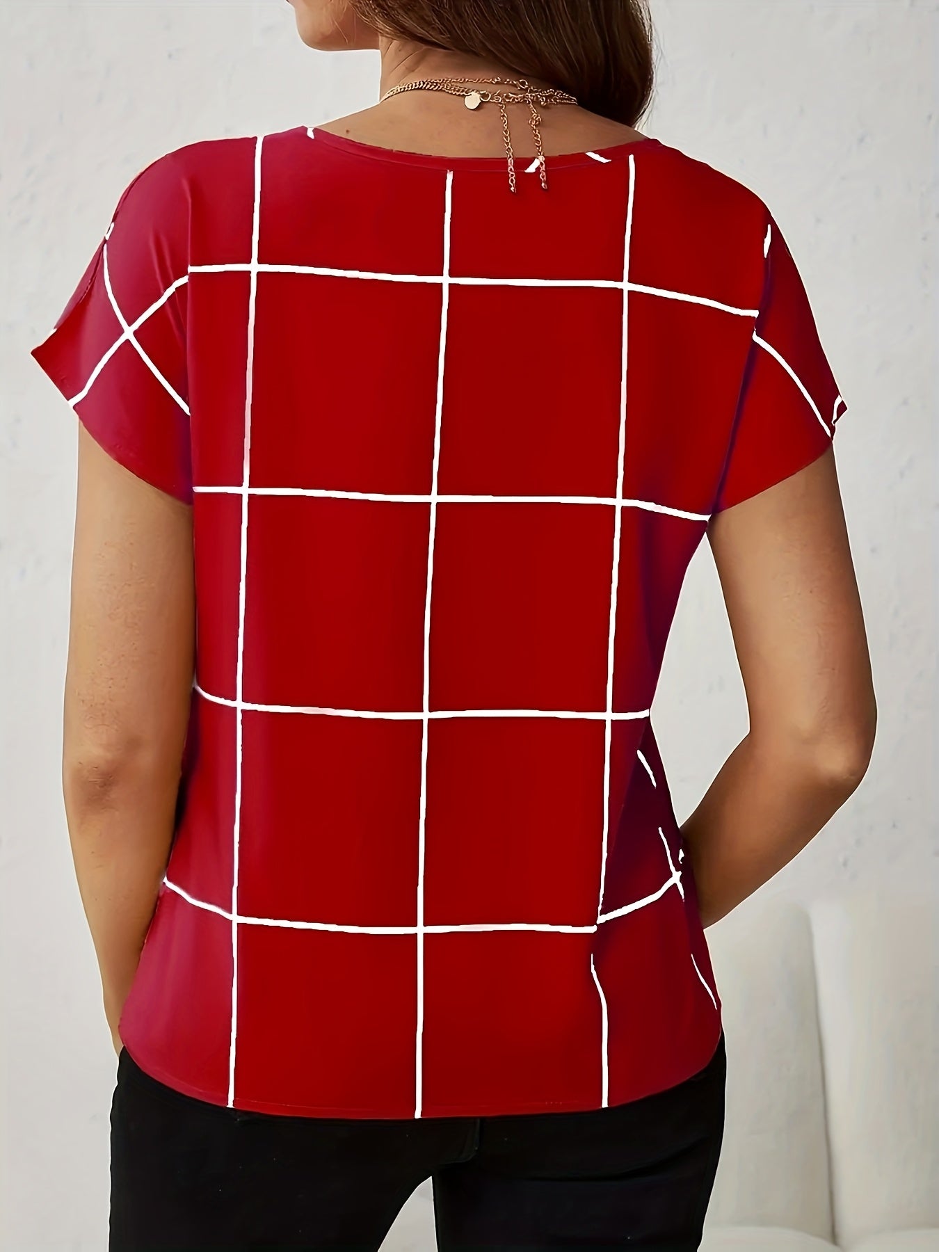 Women's Casual Plaid Print Shirt, V-Neck Short Sleeve Buttonless Blouse, Perfect for Spring and Summer Daily Outings, Vacation, Commuting, Stylish Women's Top, Cute T-Shirt, V-Neck, Summer Wear, Elegant Top, Casual Shirt, Ret