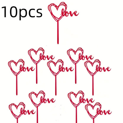 10pcs Red Love Heart Cake Topper Picks – Plastic Cupcake Flags with "LOVE" Design for Birthdays, Weddings, Anniversaries, Graduations, Mother'S Day – Festive Dessert Decorations for Party Celebrations, Cupcake Accessories