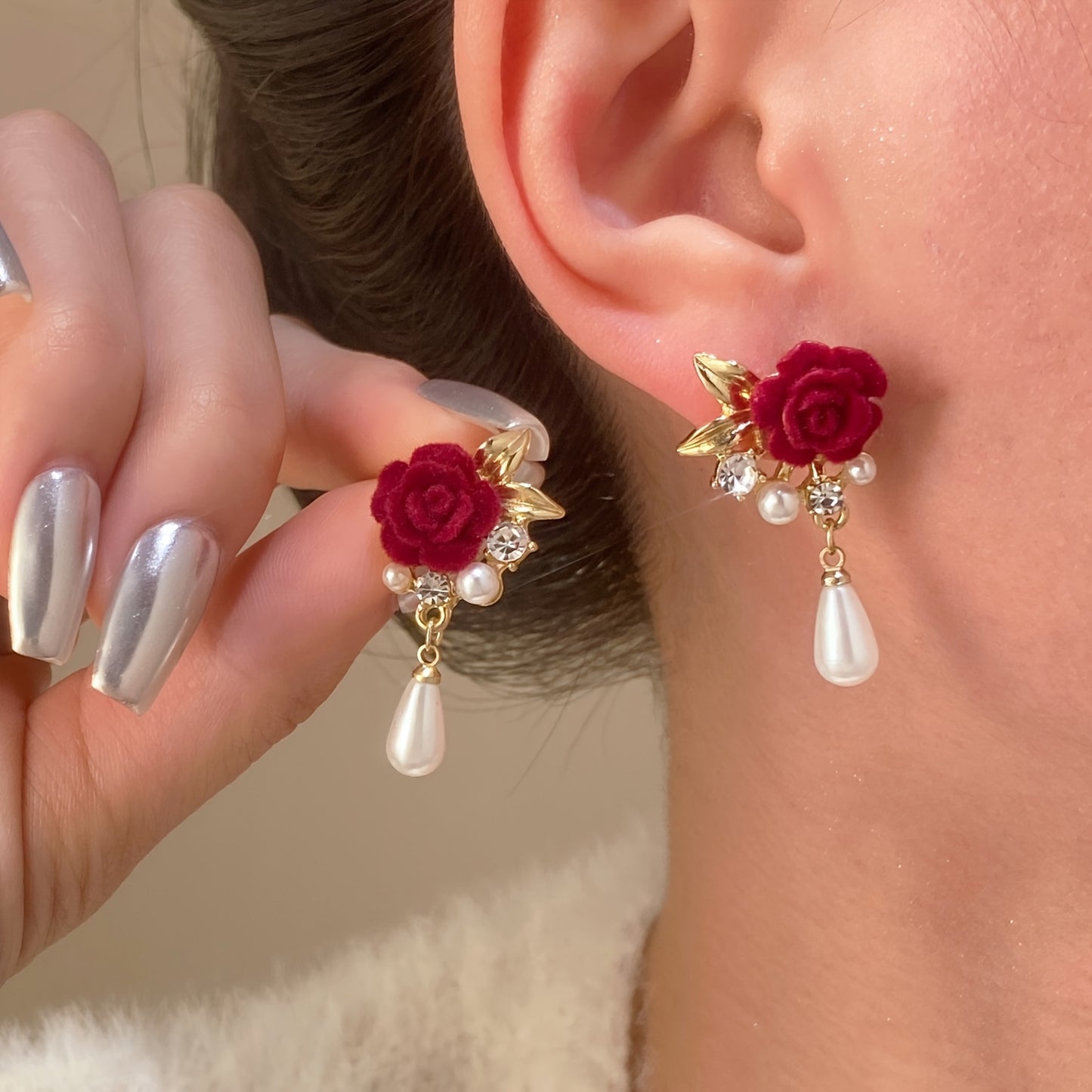 Luxury Floral Stud Earrings with Faux & Rhinestone Tassels, Copper Base & 925 Sterling Silver Posts