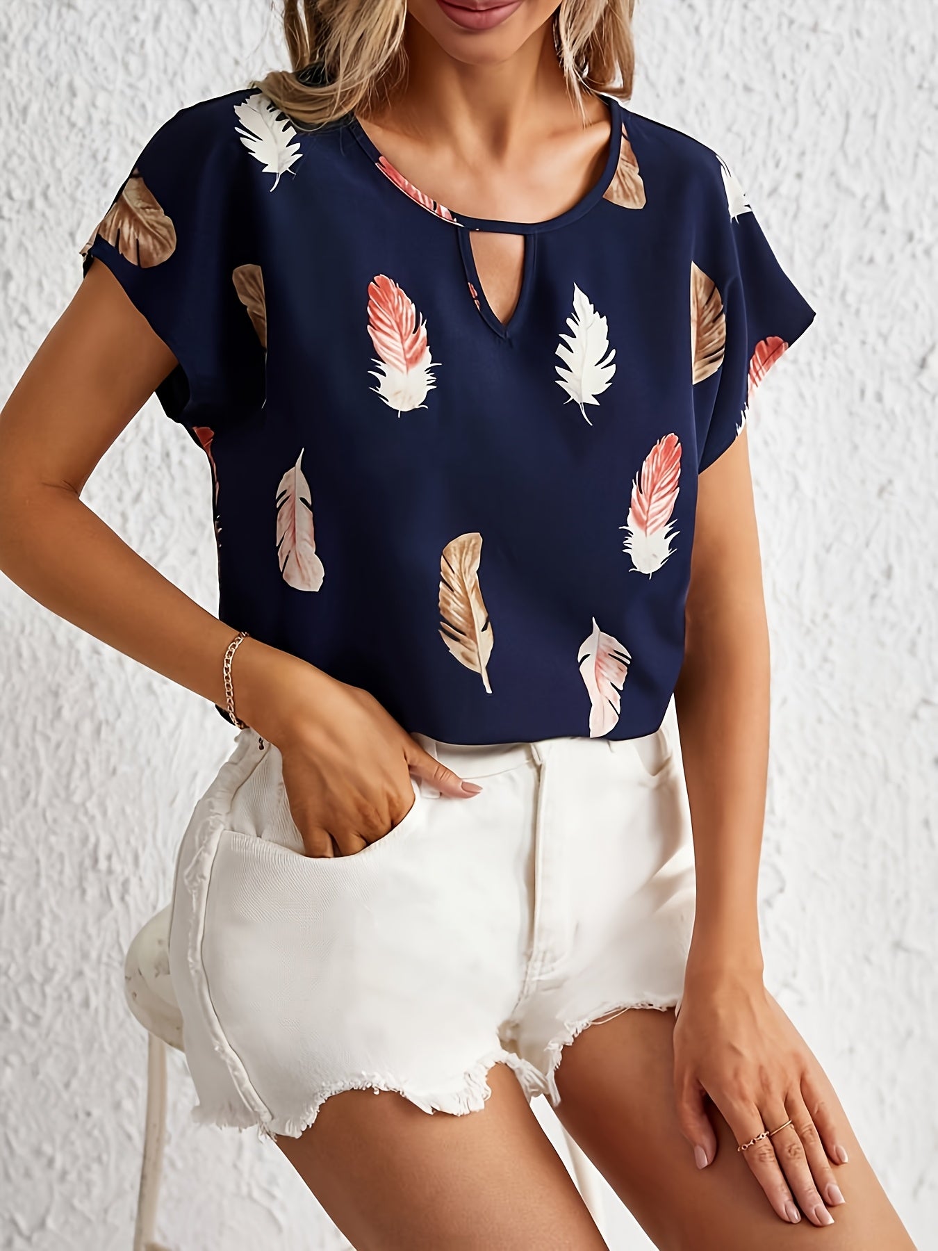 Women'S Elegant Print Round Neck Casual Short Sleeve Blouse - Light Blue with Pink, Black & White Feathers, Soft Polyester Fabric, Perfect for Spring & Summer Outfits, Ladies Blouses