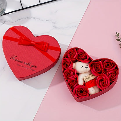 10pcs Romantic Rose Soap Gift Set with Teddy Bear - Heart-Shaped Plastic Box for Wedding, Bridal Shower, Birthday, Anniversary, Christmas, Thanksgiving, Valentine's Day, Mother's Day, Graduation - No Electricity Needed, Feath