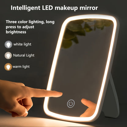 LED Makeup Mirror: Tri-Color Touch Control Dimmable Warm/White/Natural Light, Foldable & Portable Design (Battery Not Included), Long Press to Adjust Brightness – Perfect for Valentine'S Day/Birthday Gift
