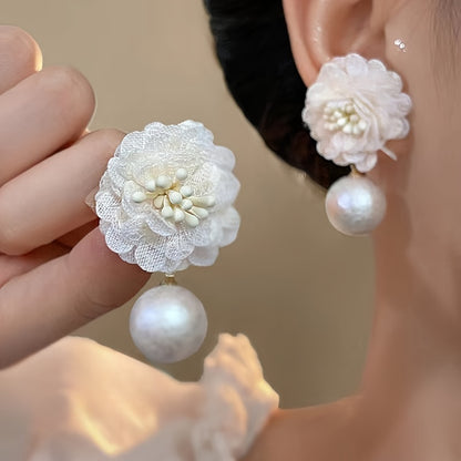 French Fabric Flower Drop Earrings with Imitation Pearl