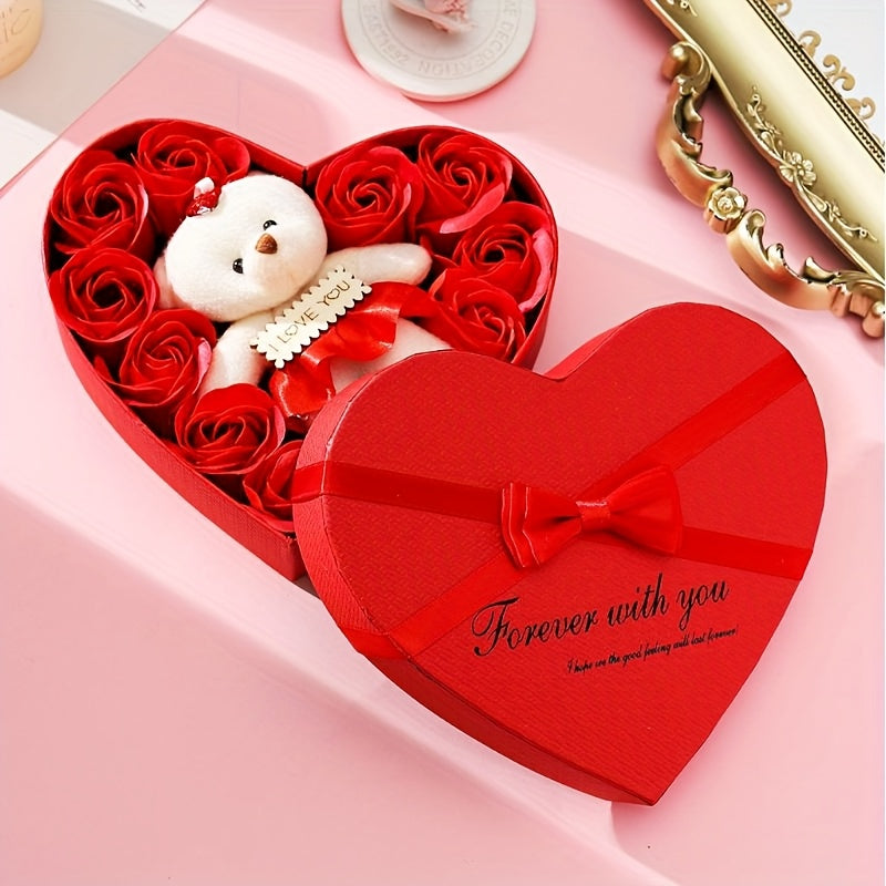 10pcs Romantic Rose Soap Gift Set with Teddy Bear - Heart-Shaped Plastic Box for Wedding, Bridal Shower, Birthday, Anniversary, Christmas, Thanksgiving, Valentine's Day, Mother's Day, Graduation - No Electricity Needed, Feath