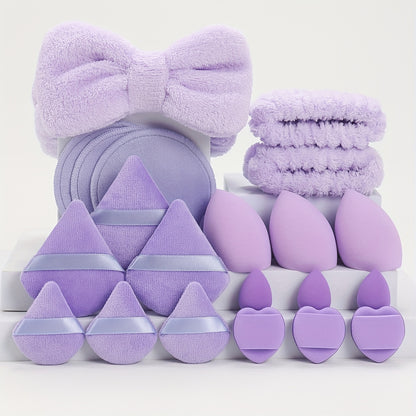 A Set of 21 Hair Accessories, Including 1 Butterfly Headband, 2 Wristbands, 6 Powder Puffs, 3 Makeup Sponges, 3 Finger Cushions, 3 Makeup Remover Pads, And 3 Mini Beauty Sponges.