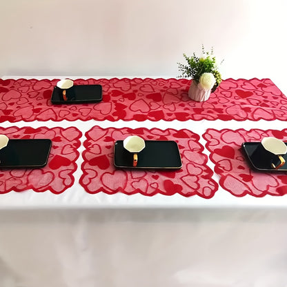 1/5pcs Valentine's Day heart-shaped red lace table flag placemat set for home decoration, anniversary parties, romantic home decoration tablecloths for weddings and Valentine's Day decorations