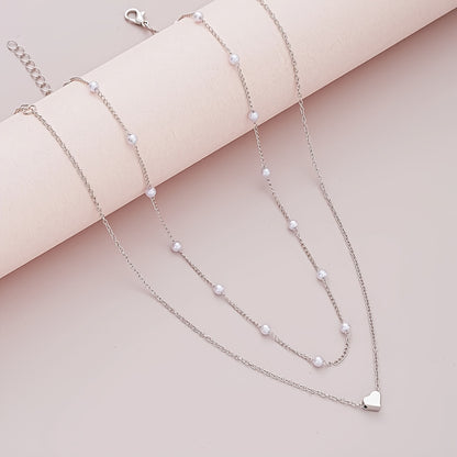 3pcs Elegant Minimalist Heart-Shaped Faux Pearl Necklace Bracelet Set, Adjustable Adjustable Chain, Suitable for Women'S Daily Wear and Holiday Gifts, Classic Versatile Commuter Style Valentine'S Day Present